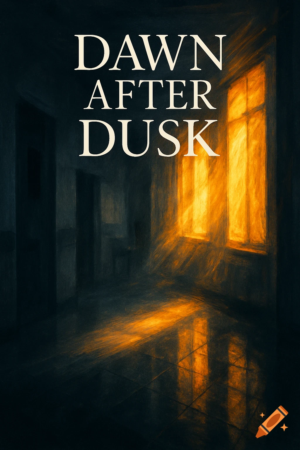 A dark, painterly room with warm dawn light streaming through tall windows, casting rays onto the tiled floor. The title 'DAWN AFTER DUSK' is at the top.
