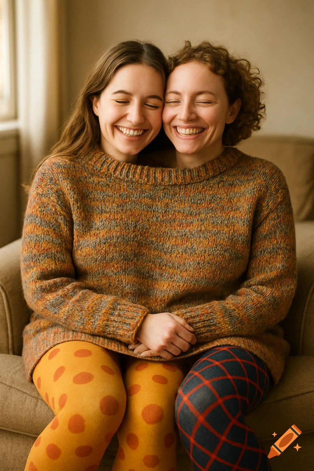 Two smiling women in a shared brown sweater and colorful tights sit close, eyes closed in joy.