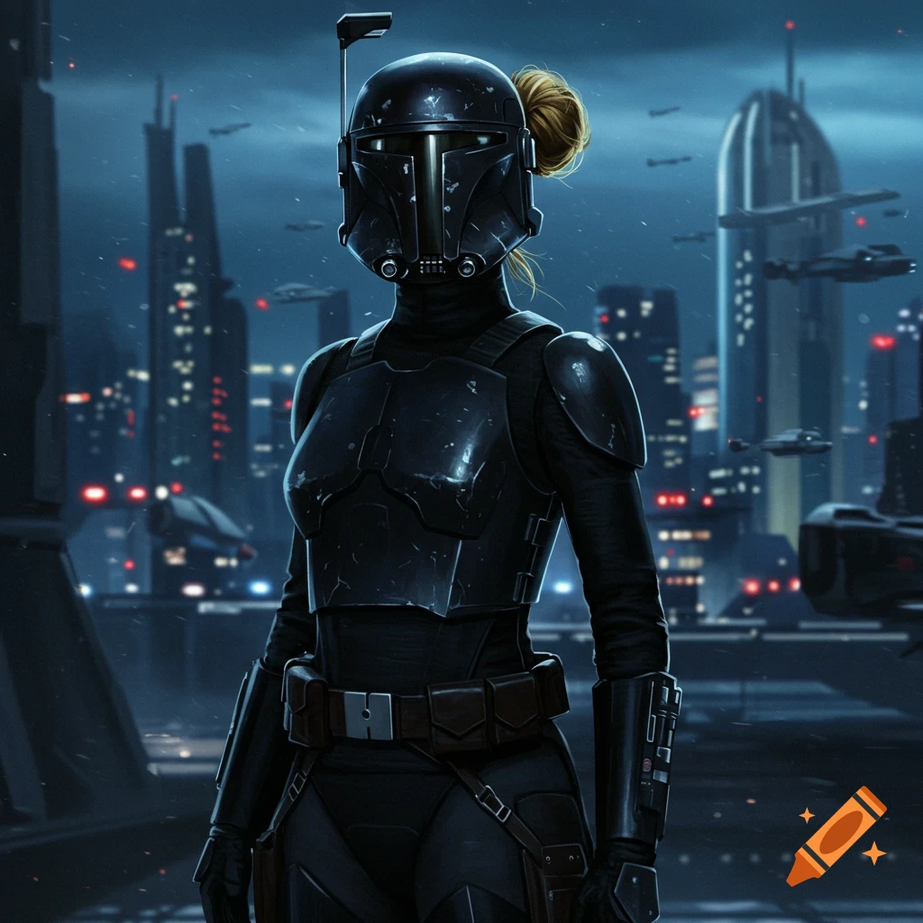 A female bounty hunter in black armor and a helmet with a blonde bun stands in a futuristic city at night.