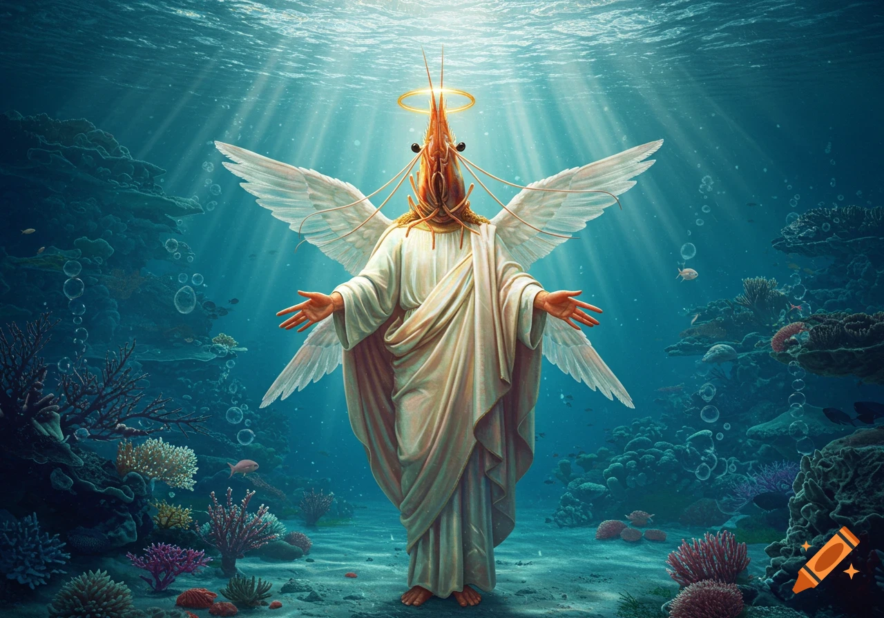 A shrimp-headed figure with white wings and a halo, in a white robe, stands with outstretched arms in a vibrant underwater coral reef with sunlight rays.