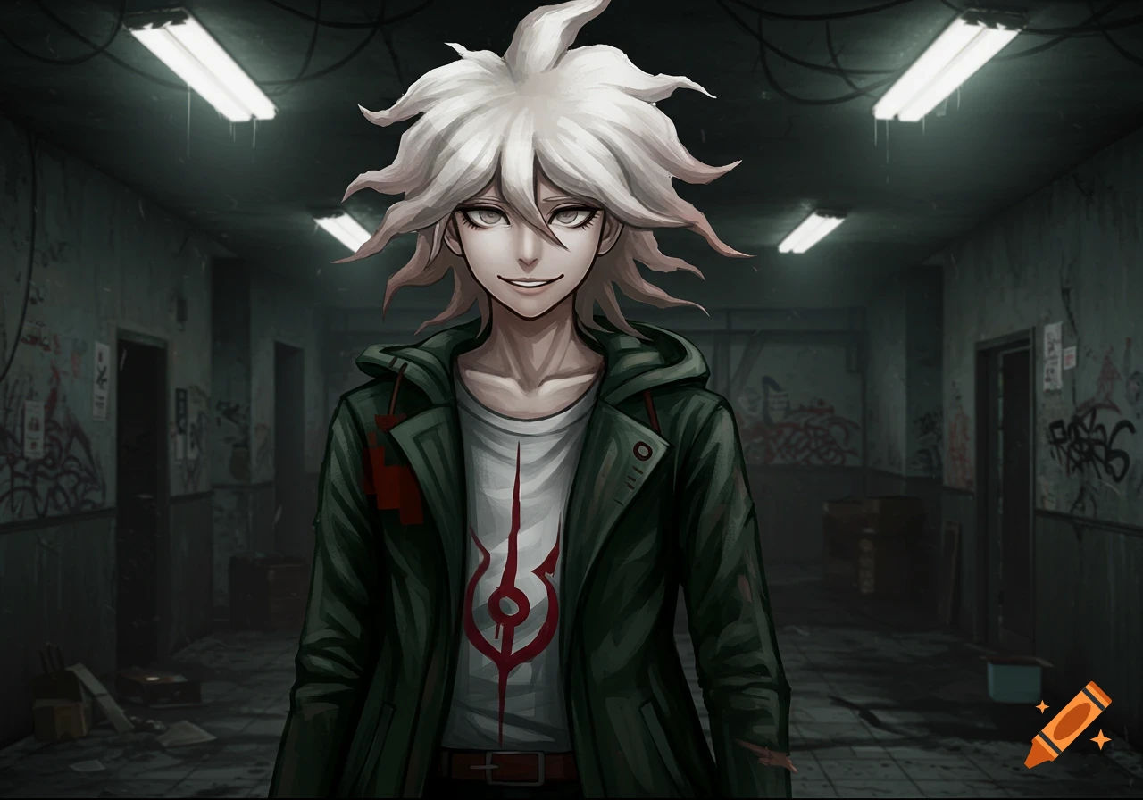 An anime character with spiky white hair and a green jacket smiles sinisterly in a dark, graffiti-covered hallway.