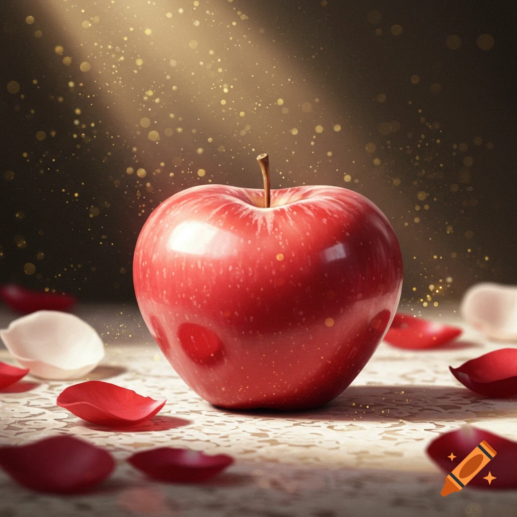 A vibrant red apple sits on a patterned surface surrounded by red and white rose petals, bathed in a beam of light with golden sparkles.
