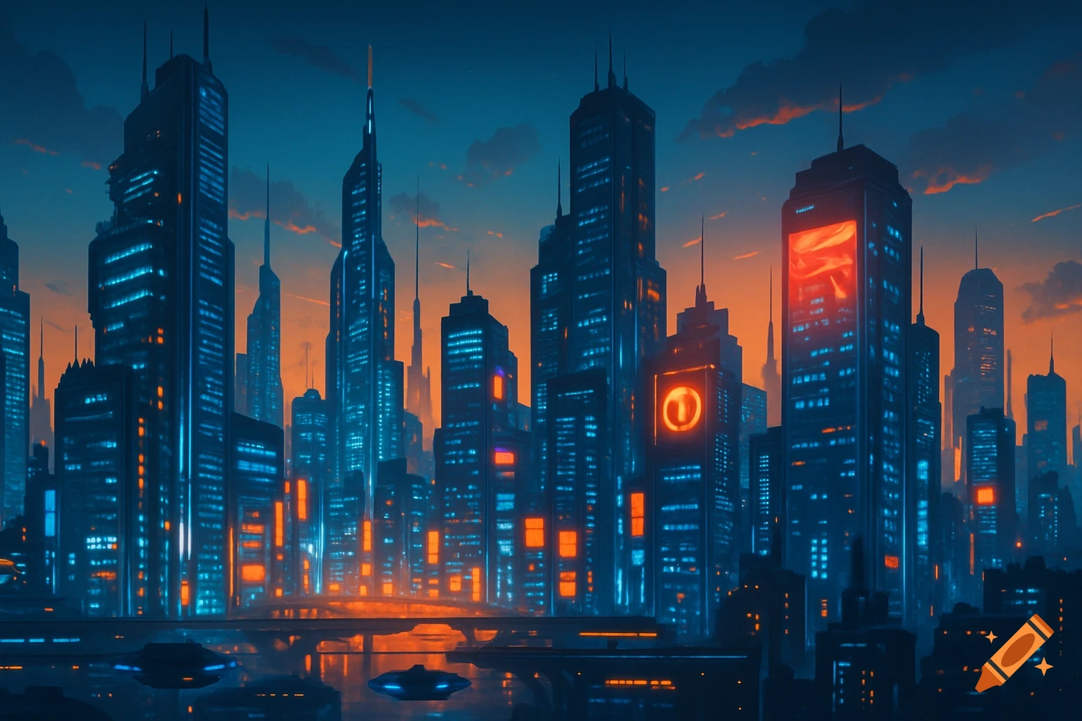 A vibrant, futuristic cityscape at dusk with towering skyscrapers illuminated by blue and orange neon lights, reflected in the water below.