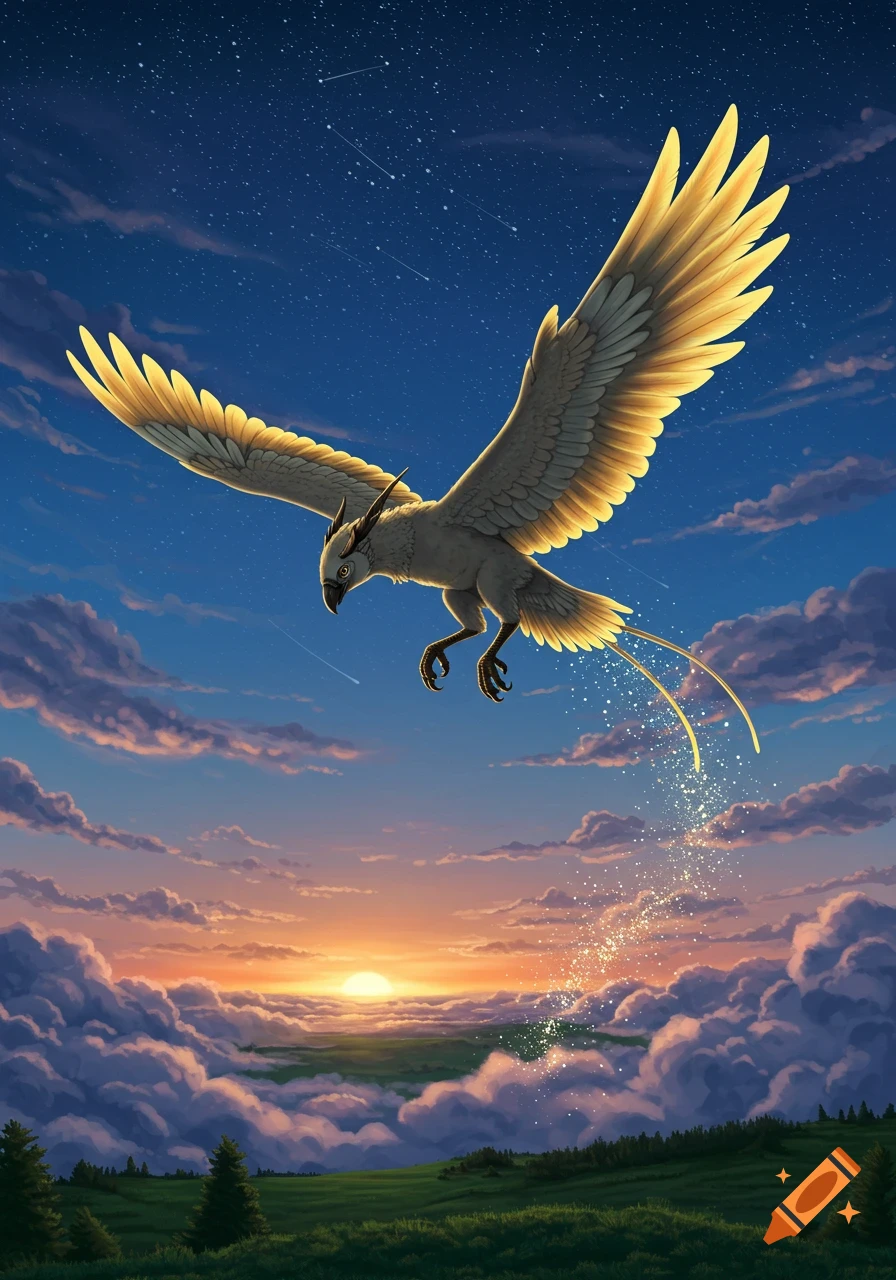 A majestic fantasy creature with golden wings soars above a cloudscape at sunset, leaving a sparkling trail behind it.