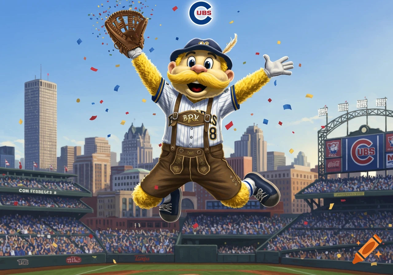 A cartoon mascot resembling Bernie Brewer, wearing lederhosen and a baseball jersey, jumps mid-air at a baseball stadium with confetti falling around him. The Chicago Cubs logo is visible on the scoreboard.