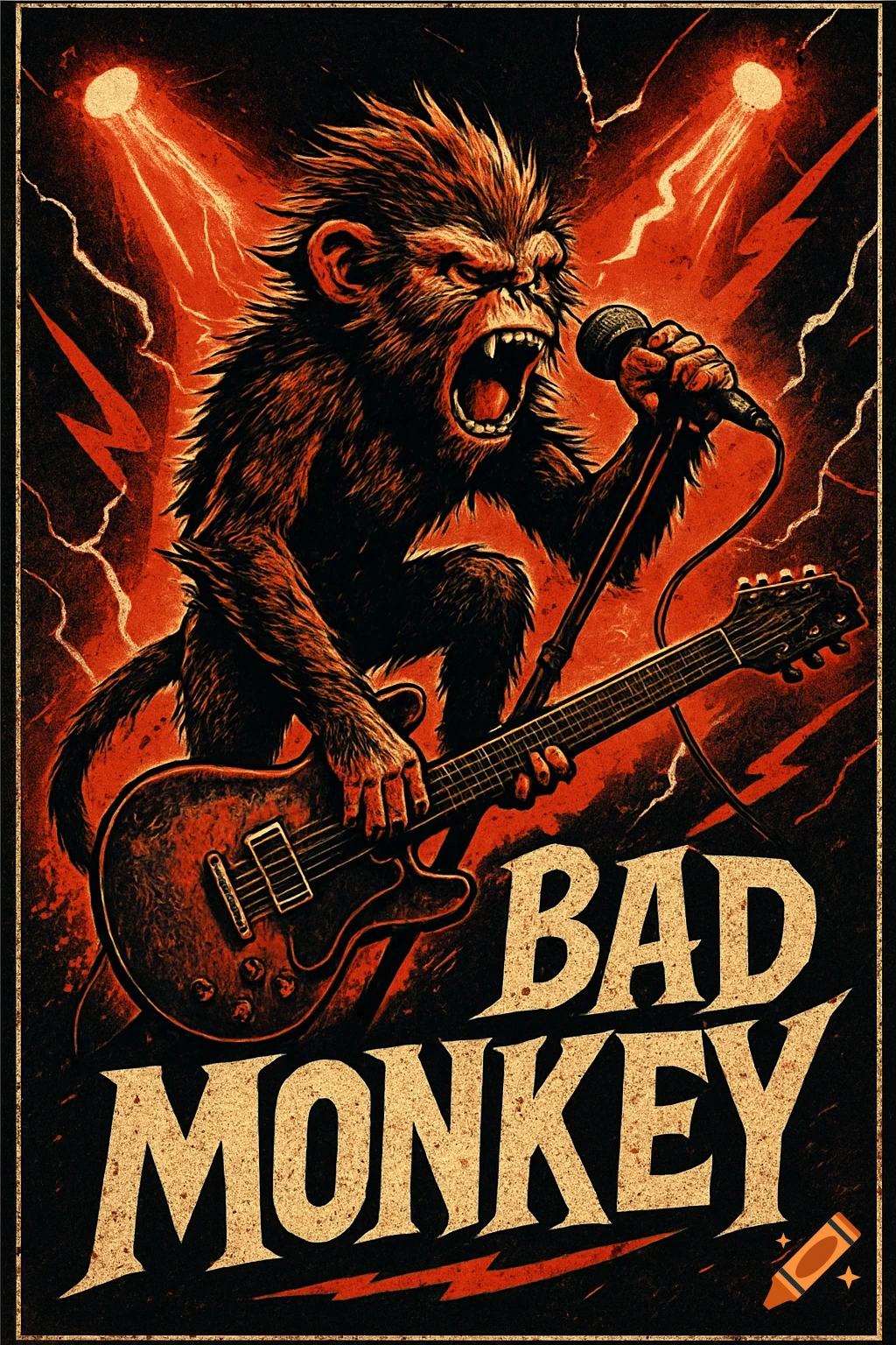 A stylized rock concert poster featuring an angry monkey playing an electric guitar and singing into a microphone, with the words BAD MONKEY in large text.