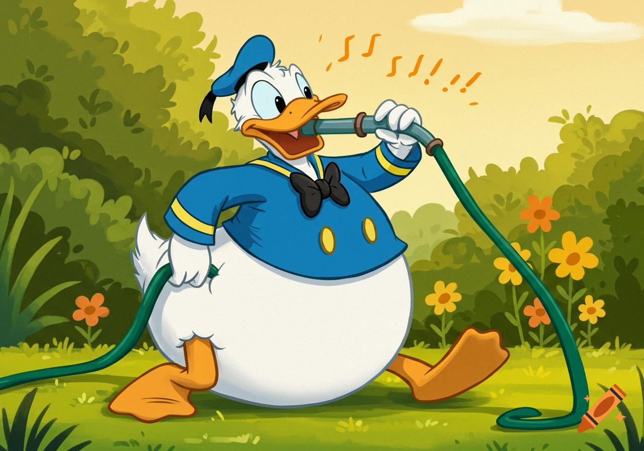 Donald Duck in a blue sailor shirt, belly inflated, holding a green hosepipe in a cartoon garden setting with flowers.