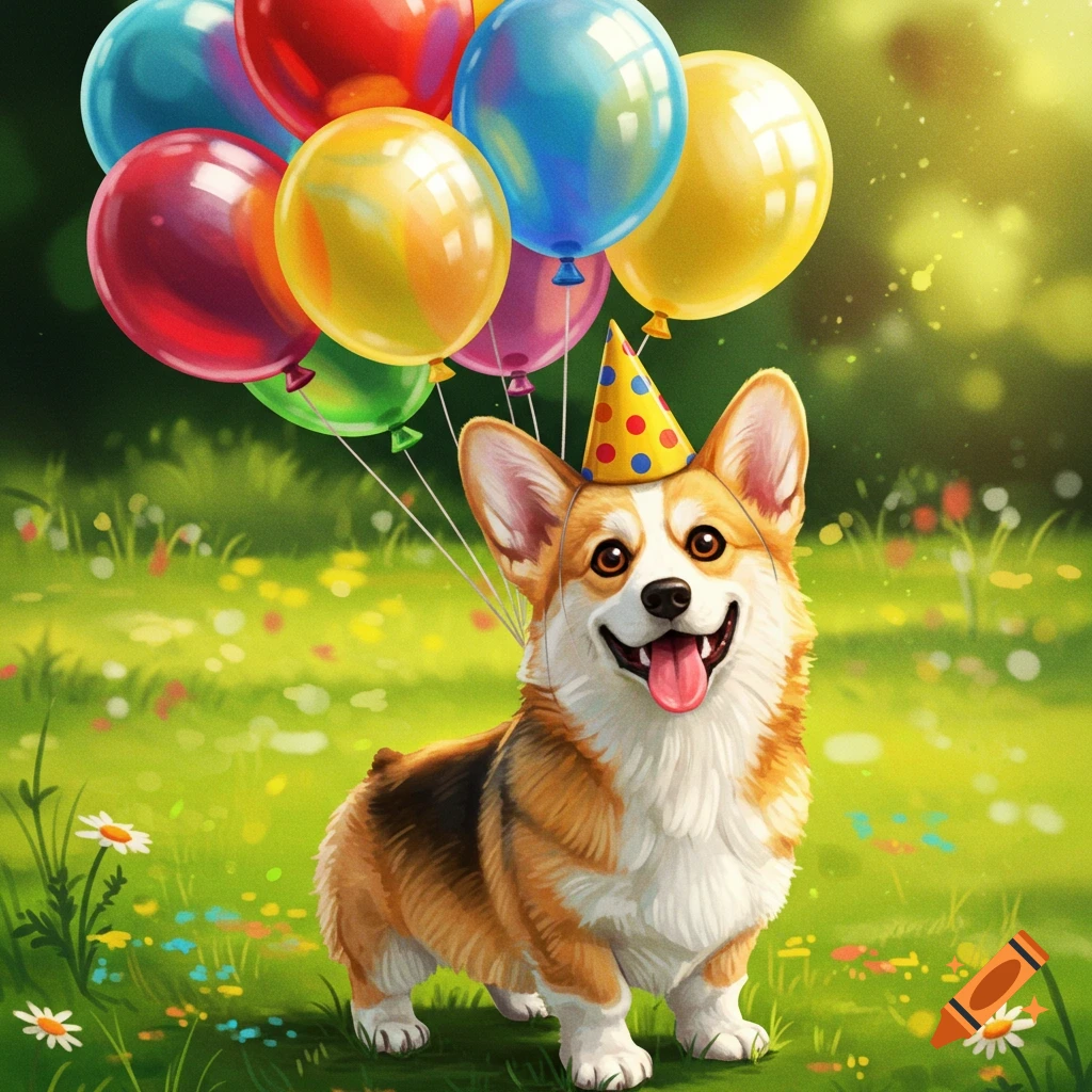 A happy corgi wearing a polka dot party hat and holding colorful balloons stands in a sunny green field.