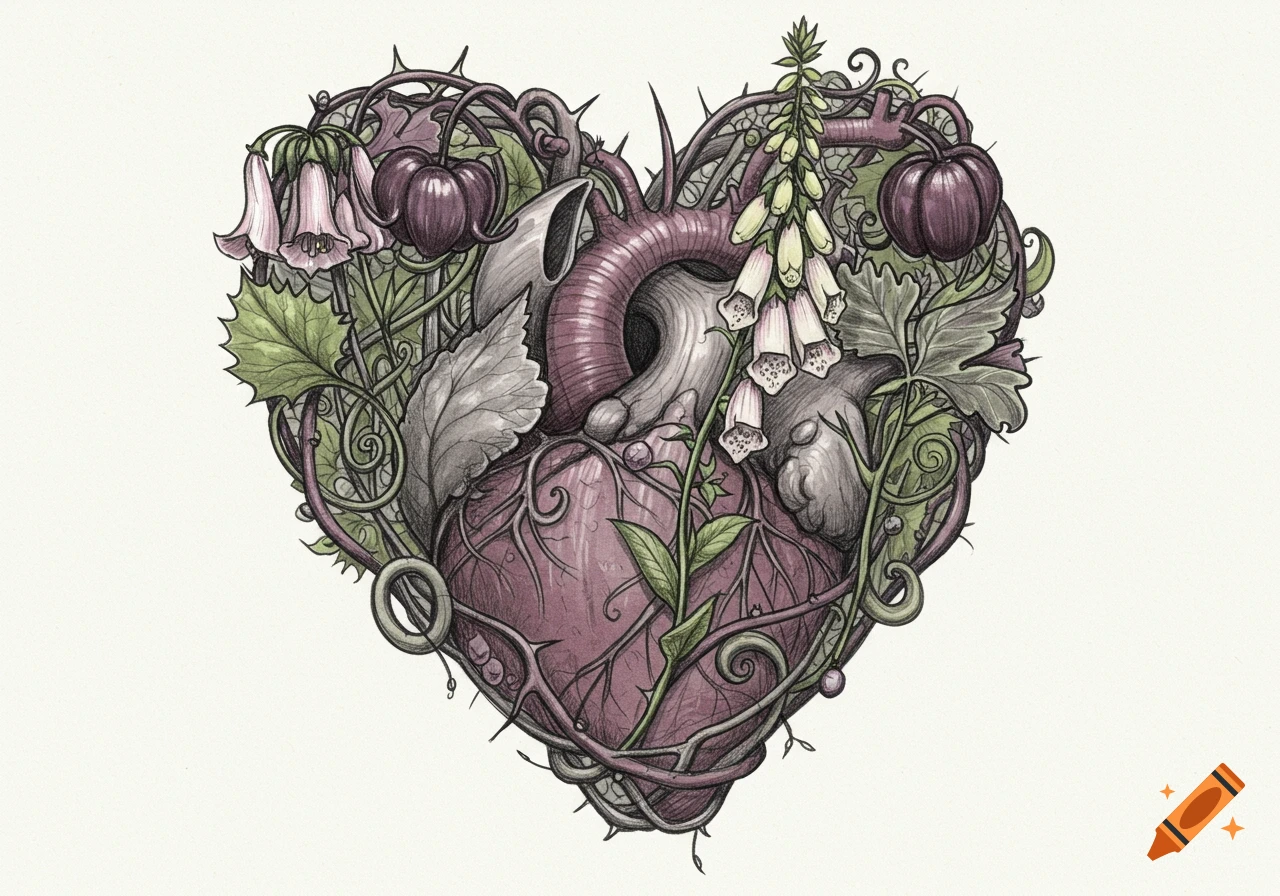 A detailed illustration of a heart shape formed by an anatomical heart intertwined with dark vines, thorns, and various plants, including bell-shaped flowers and berries.
