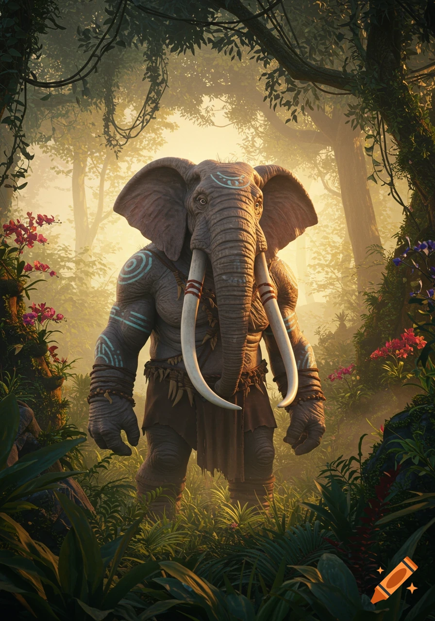 A muscular Loxodon, an elephant-humanoid creature with large tusks and tribal markings, stands powerfully in a vibrant, sunlit jungle environment.