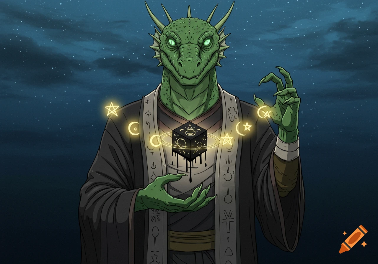 A green reptilian priest in dark robes holds a black cube dripping liquid, surrounded by glowing stars and crescent moons, against a starry night sky.