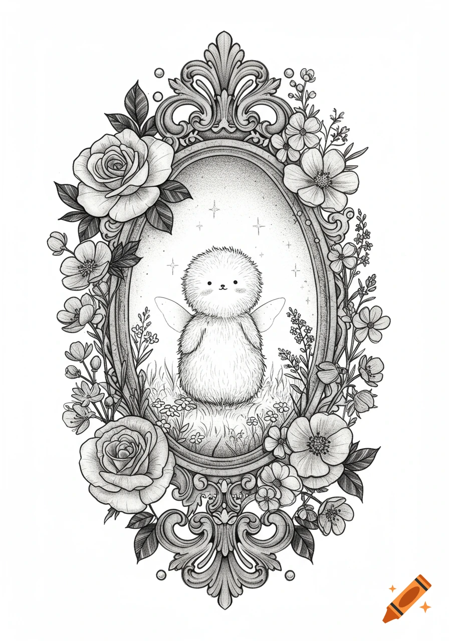 Black and white line art of a fluffy winged creature in an ornate floral oval frame.