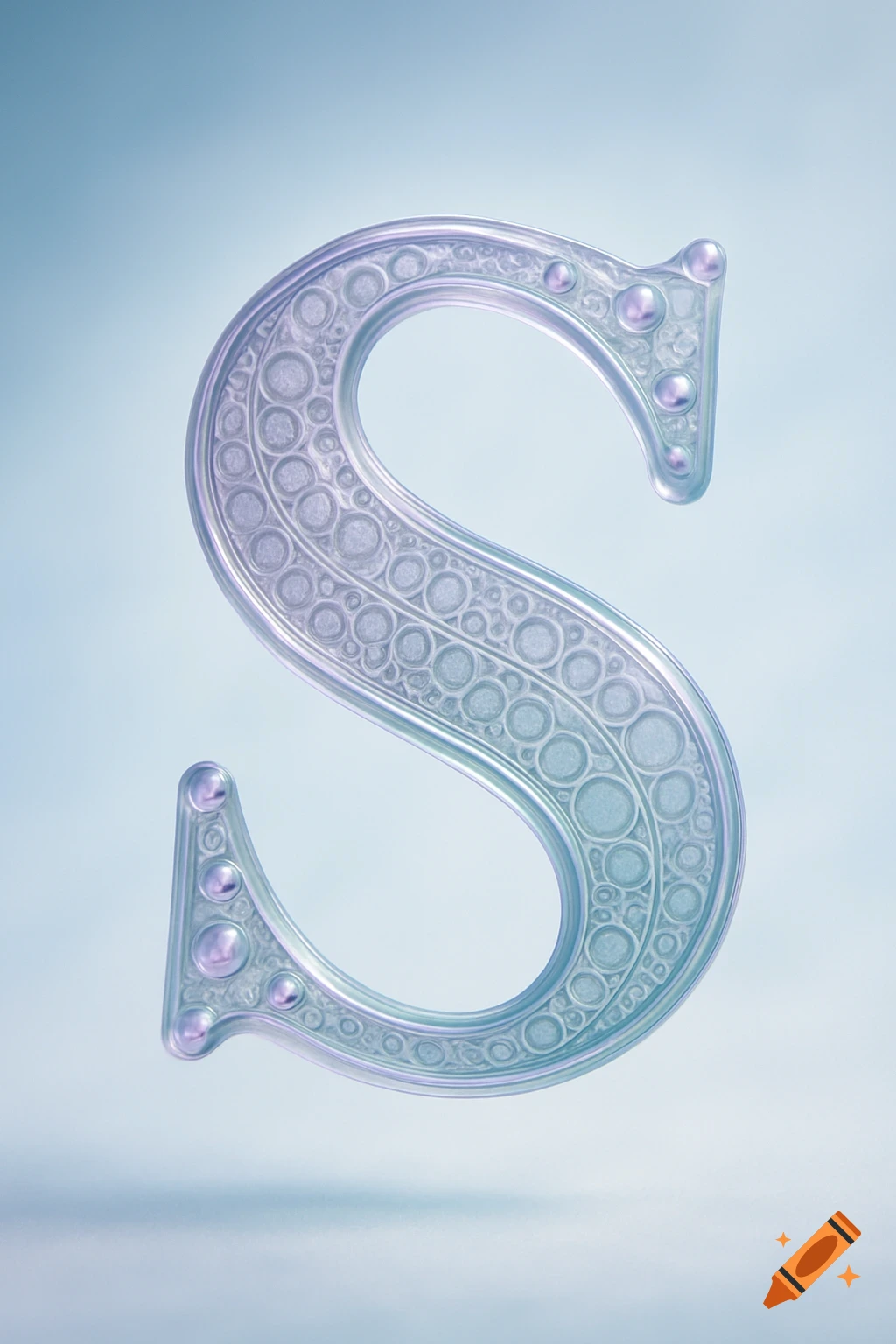 A translucent, patterned letter S in light blue and purple hues on a soft blue background.