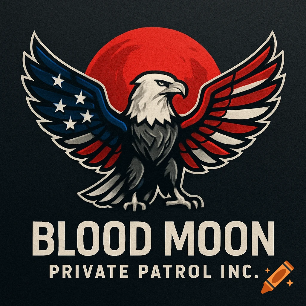 Logo featuring a stylized eagle with open wings designed as an American flag, set against a red moon, with 'Blood Moon Private Patrol Inc.' text below.