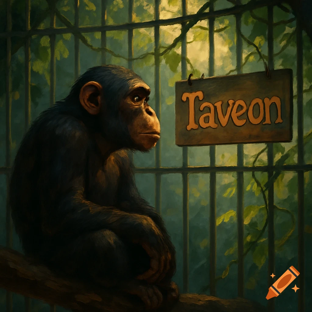 A painterly image of a chimpanzee sitting on a branch in a cage, looking at a wooden sign that says 'Taveon'.
