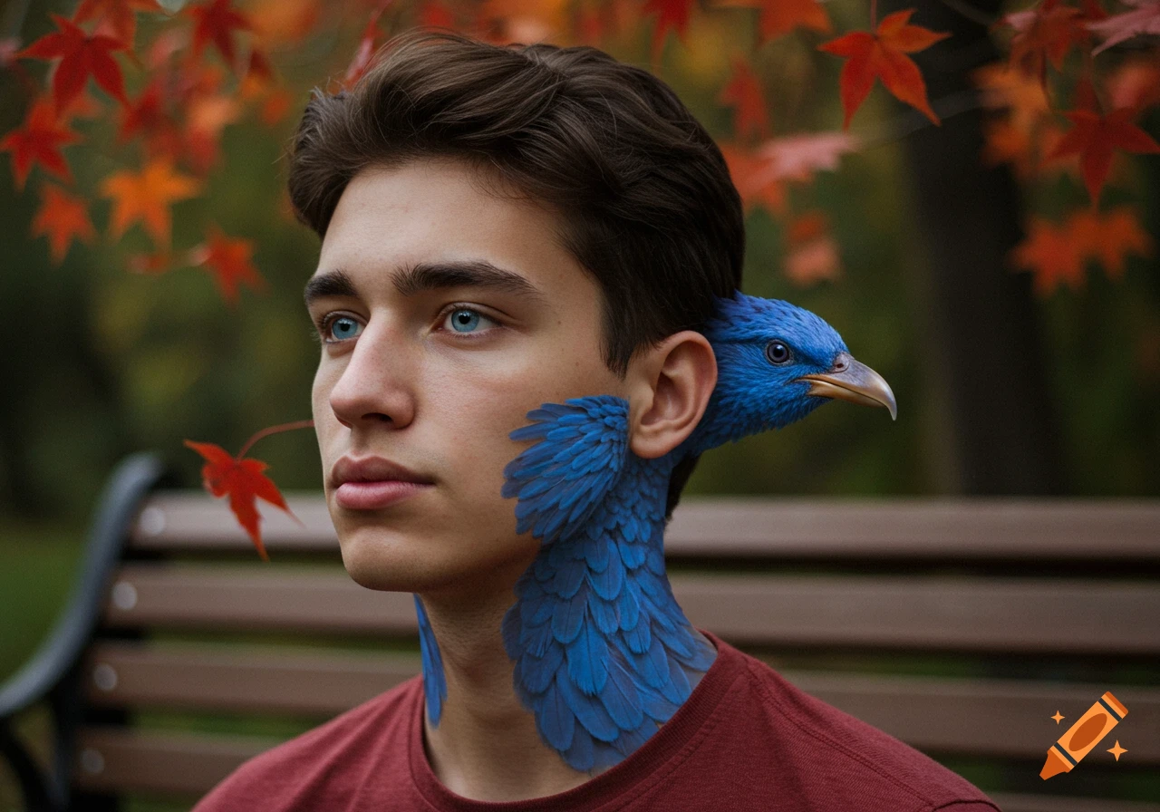 Photorealistic young man with blue eyes and brown hair, transforming into a blue bird with feathers from his ear and neck, autumn park.