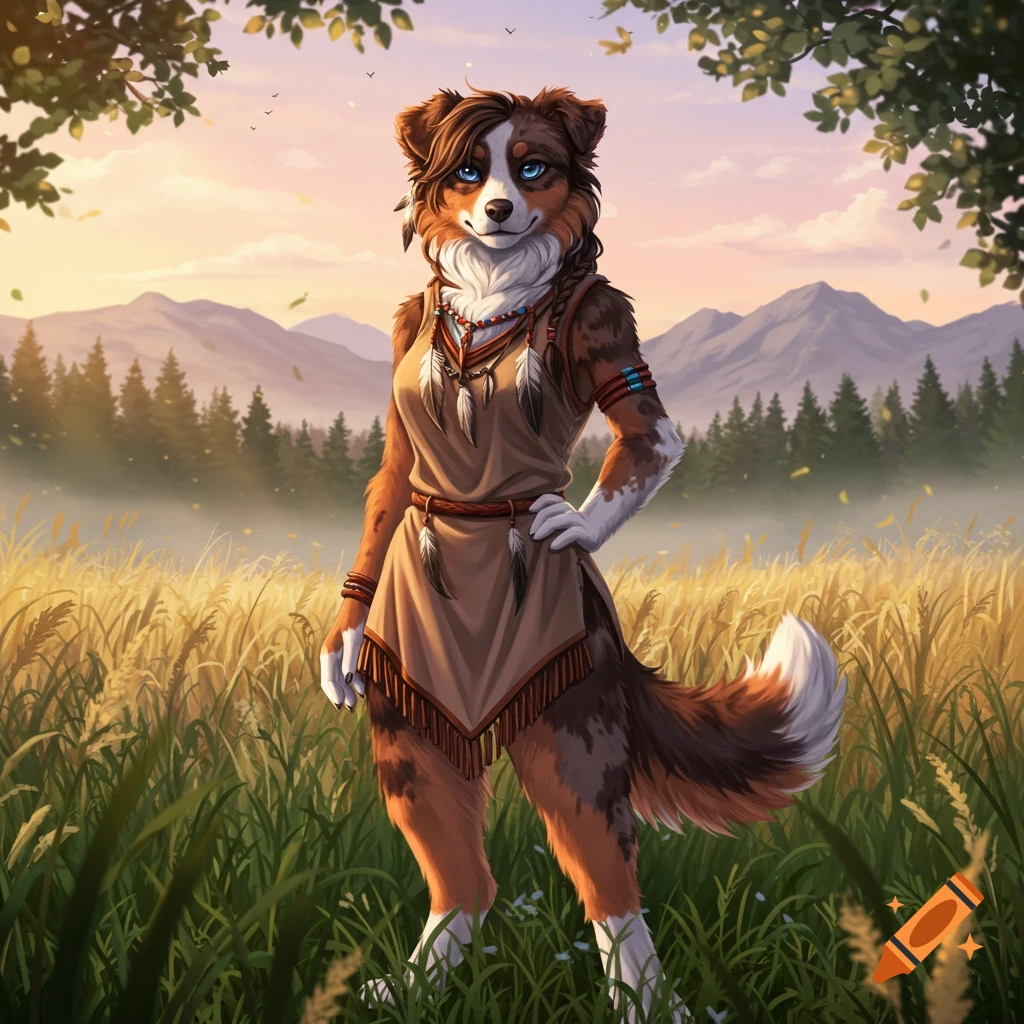 An anthropomorphic Australian Shepherd female with blue eyes stands in a golden field at sunset, with mountains and trees in the background.