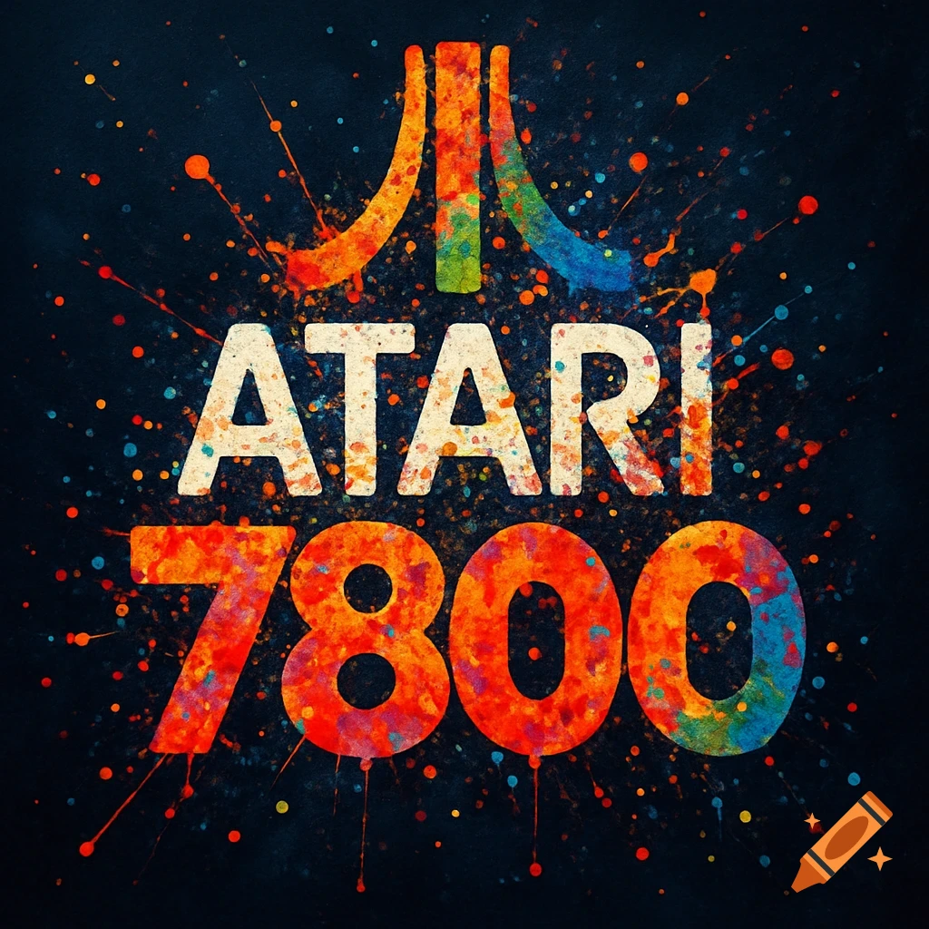 Paint-splattered Atari 7800 logo on a dark background.