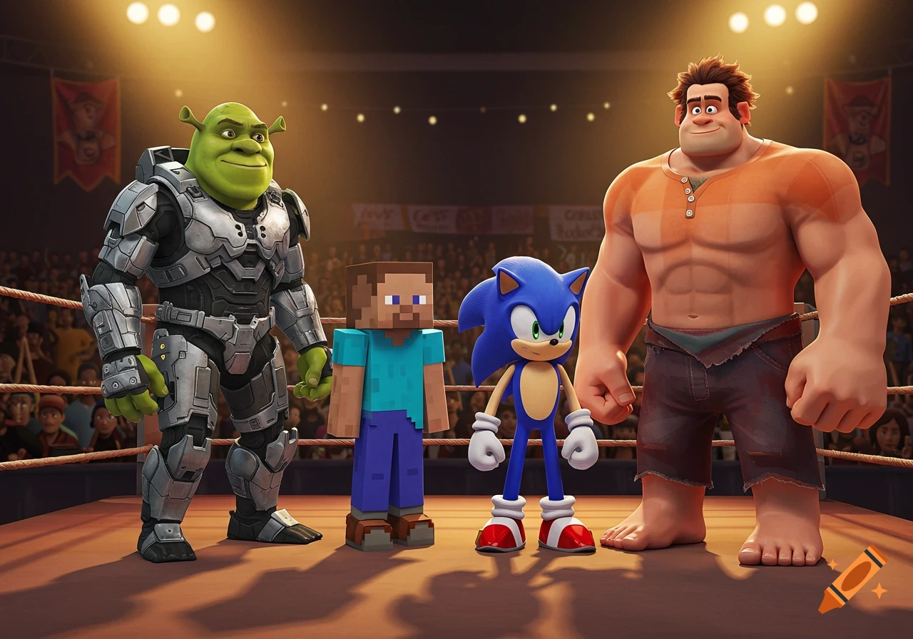 Shrek in Spartan armor, Minecraft Steve, Sonic the Hedgehog, and Wreck-It Ralph shirtless stand in a boxing ring in a cartoon style.