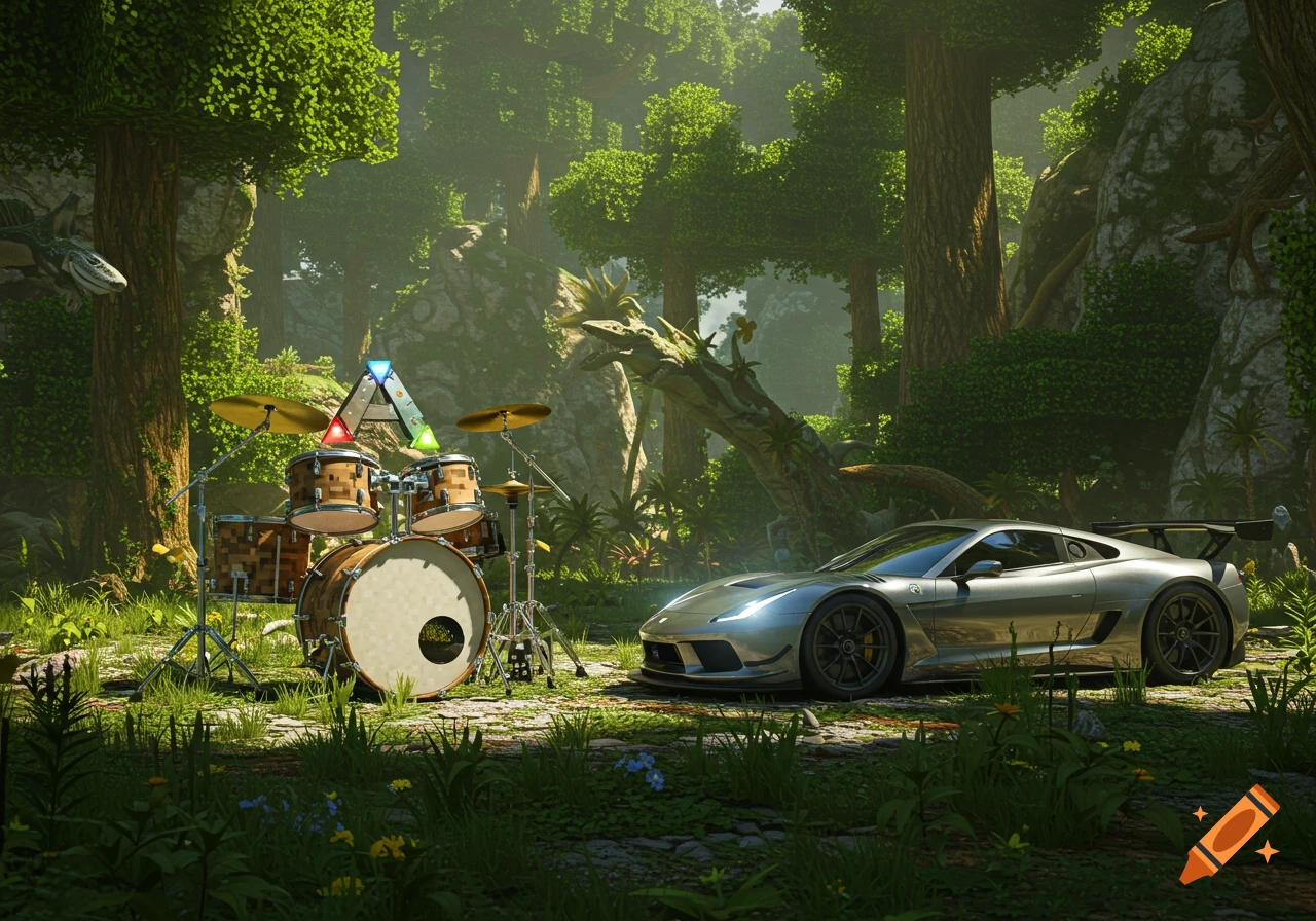 A silver sports car and a Minecraft-style drum kit with an ARK symbol sit on a grassy path in a lush, dense jungle.