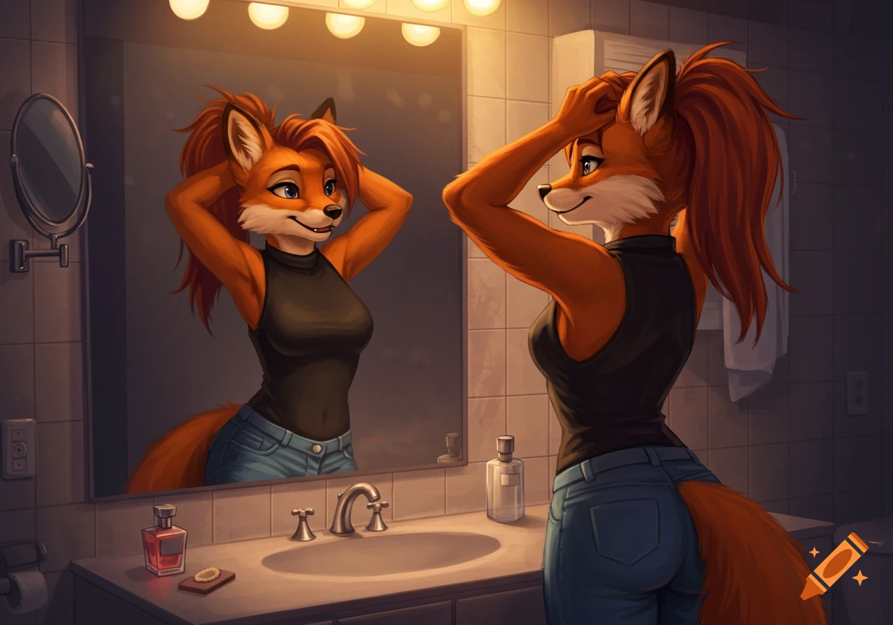 An anthropomorphic orange fox with a ponytail, wearing a black top and jeans, adjusts her hair in a bathroom mirror. Digital art.