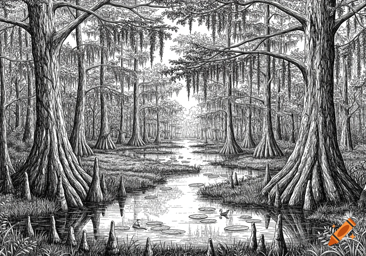 Black and white line art drawing of a tranquil Florida wetland with cypress trees, Spanish moss, and water.