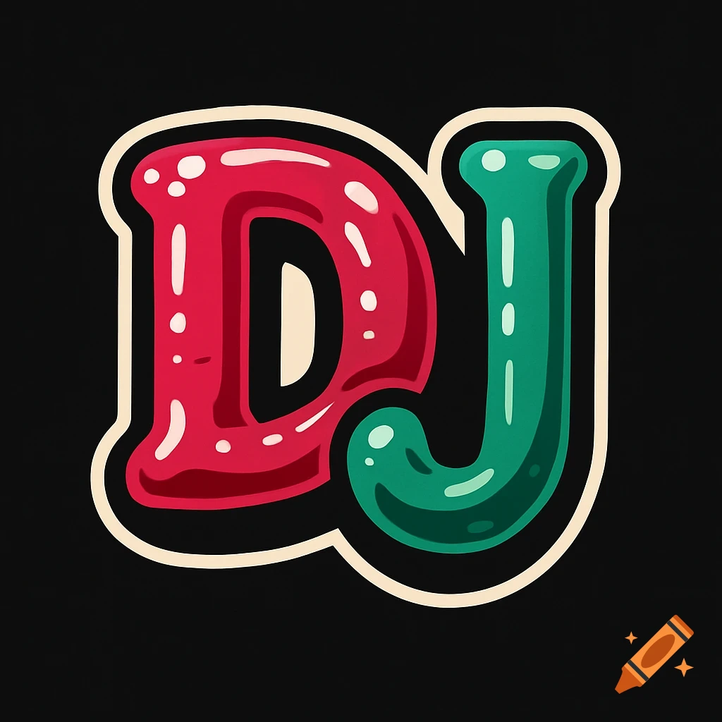 A stylized red letter D and a green letter J, resembling jelly, on a black background.