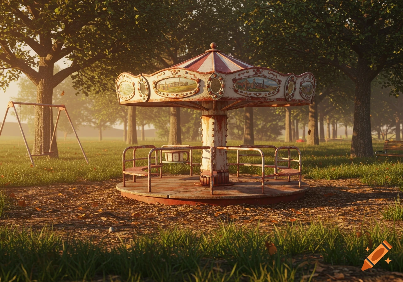 A photorealistic image of an old, rusty merry-go-round and swing set in a park at sunset, with autumn leaves on the ground.