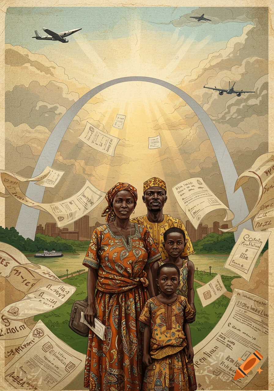 An illustrated vintage-style poster shows an African family standing before the Gateway Arch with papers and airplanes in the sky.