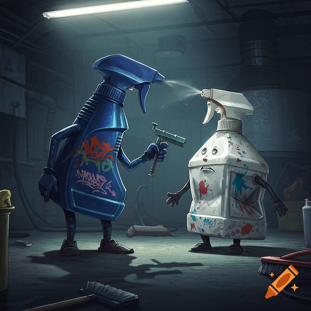 A cartoon-style illustration of two anthropomorphic spray bottles in a dark, grimy garage. A blue bottle holds a cleaning tool and sprays a distressed white bottle.