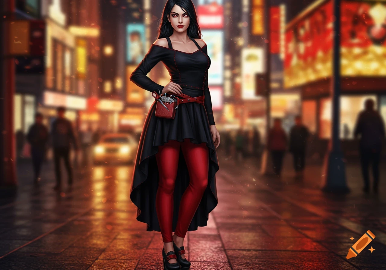 A woman with black hair and red eyes, wearing a black off-shoulder top, red leggings, and a black high-low skirt, stands on a wet city street at night.