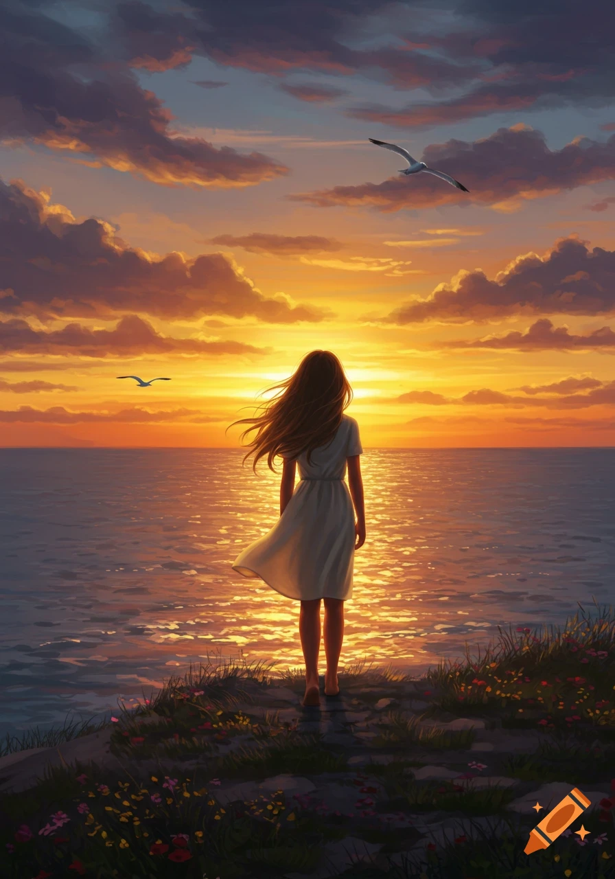 A girl with long hair stands on a cliff, facing away, looking at a vibrant orange and purple sunset over the ocean with two seagulls flying.