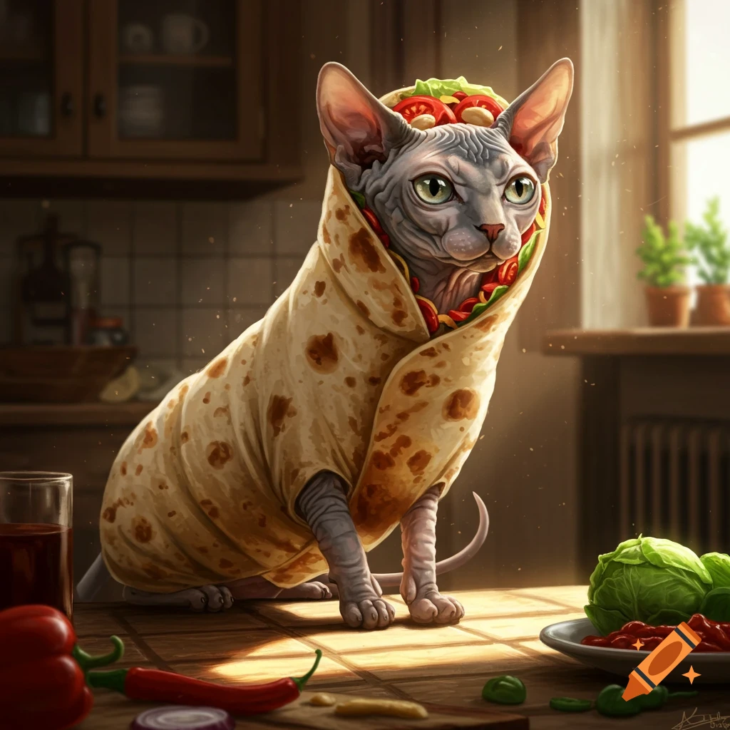 A photorealistic Sphynx cat wrapped in a burrito, sitting on a wooden kitchen counter with vegetables and a drink.