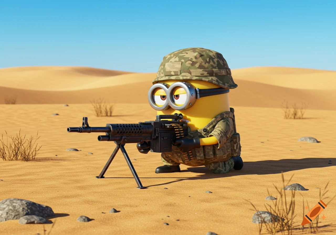 A cartoon Minion in camouflage gear and helmet holds a large machine gun in a prone position in a desert.