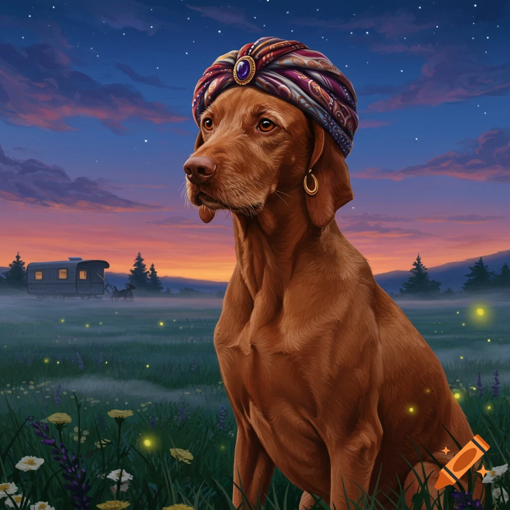 An illustrated Vizsla dog wearing a colorful turban and earring sits in a field with wildflowers and fireflies at twilight, with a wagon in the background.