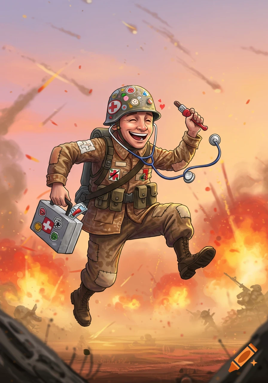 A happy, cartoon combat medic in uniform, holding a first aid kit and a stethoscope, runs through an explosion-filled battlefield.