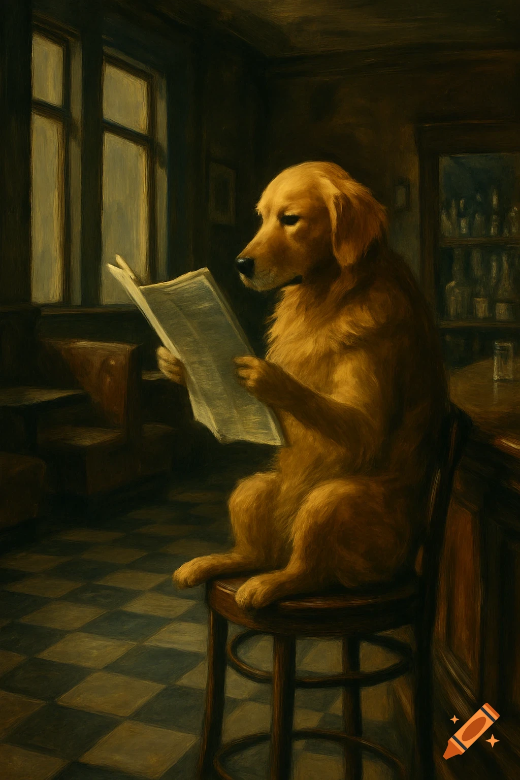 A golden retriever sits on a bar stool in a dimly lit tavern, reading a newspaper, in the style of an Edward Hopper painting.