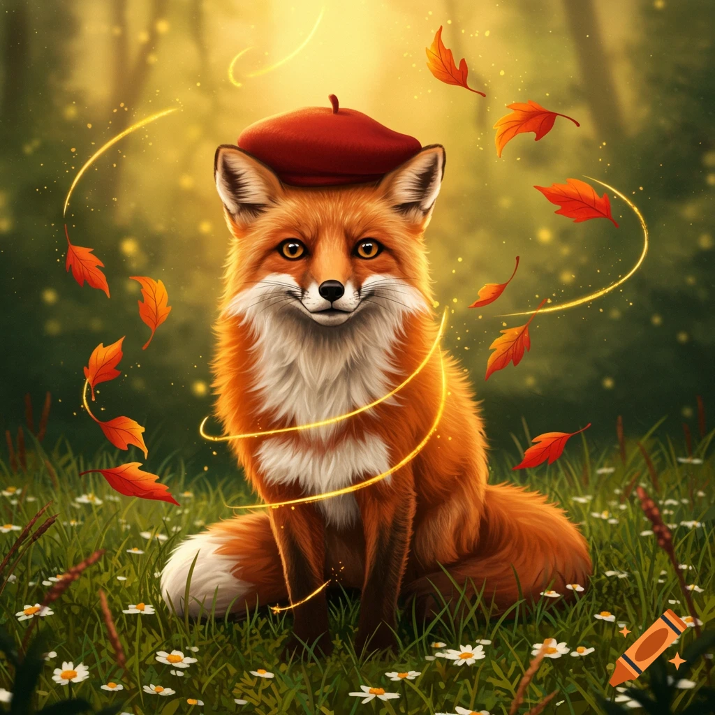 A cute fox wearing a red beret sits in a grassy field with white flowers and falling autumn leaves, surrounded by golden light.