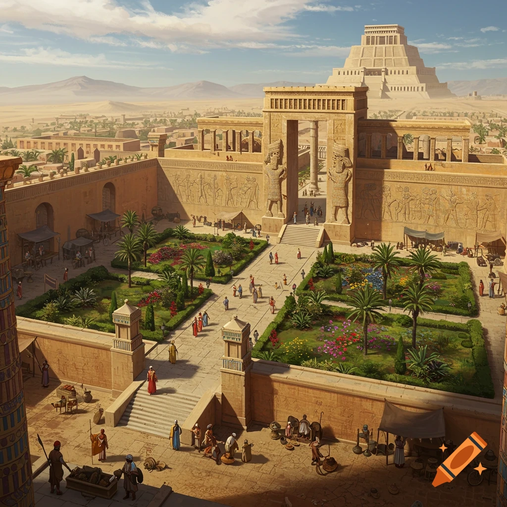 A detailed view of an ancient city with a grand palace, lush gardens, and a large stepped ziggurat under a sunny sky.