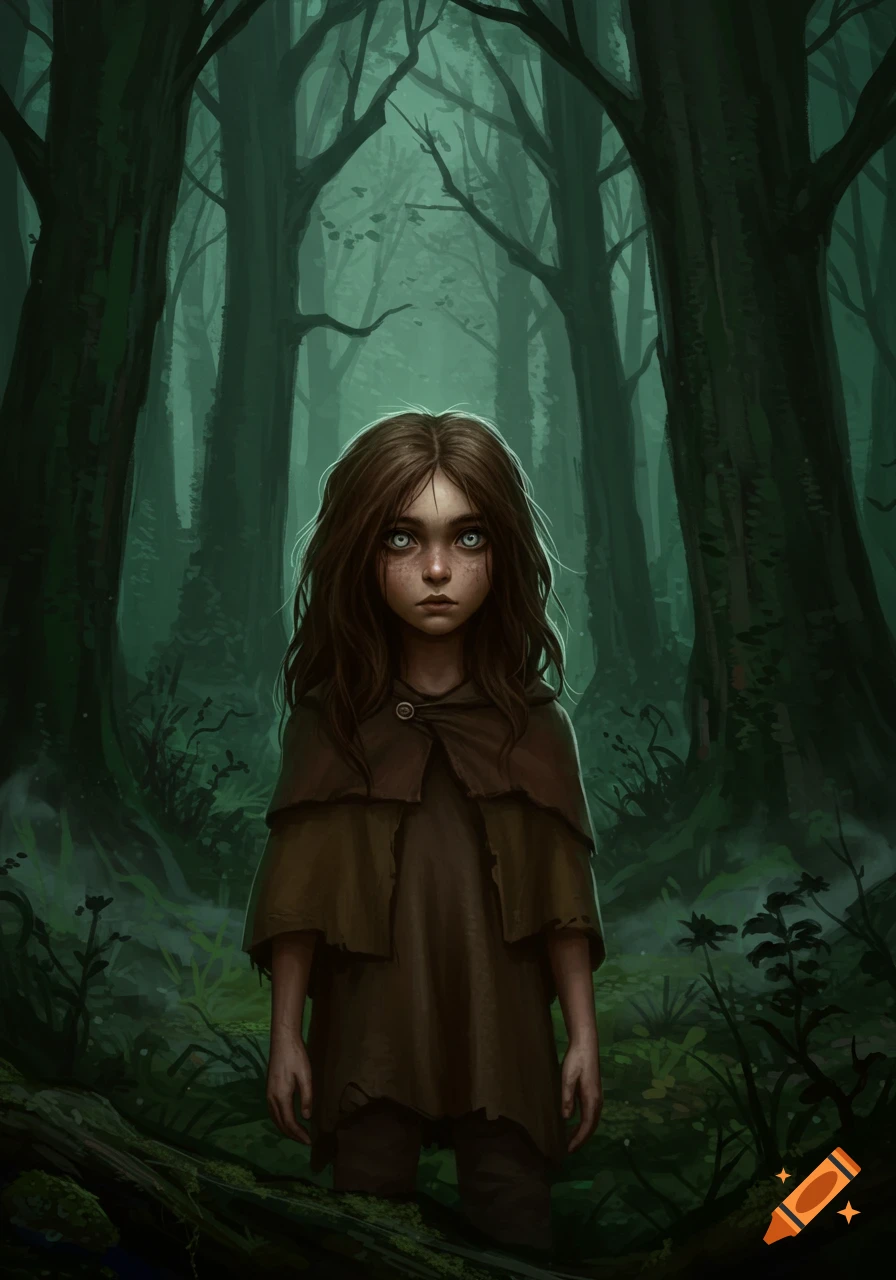 An illustration of a young girl with long brown hair and striking white eyes, wearing ragged clothes, standing in a dark, mystical forest.