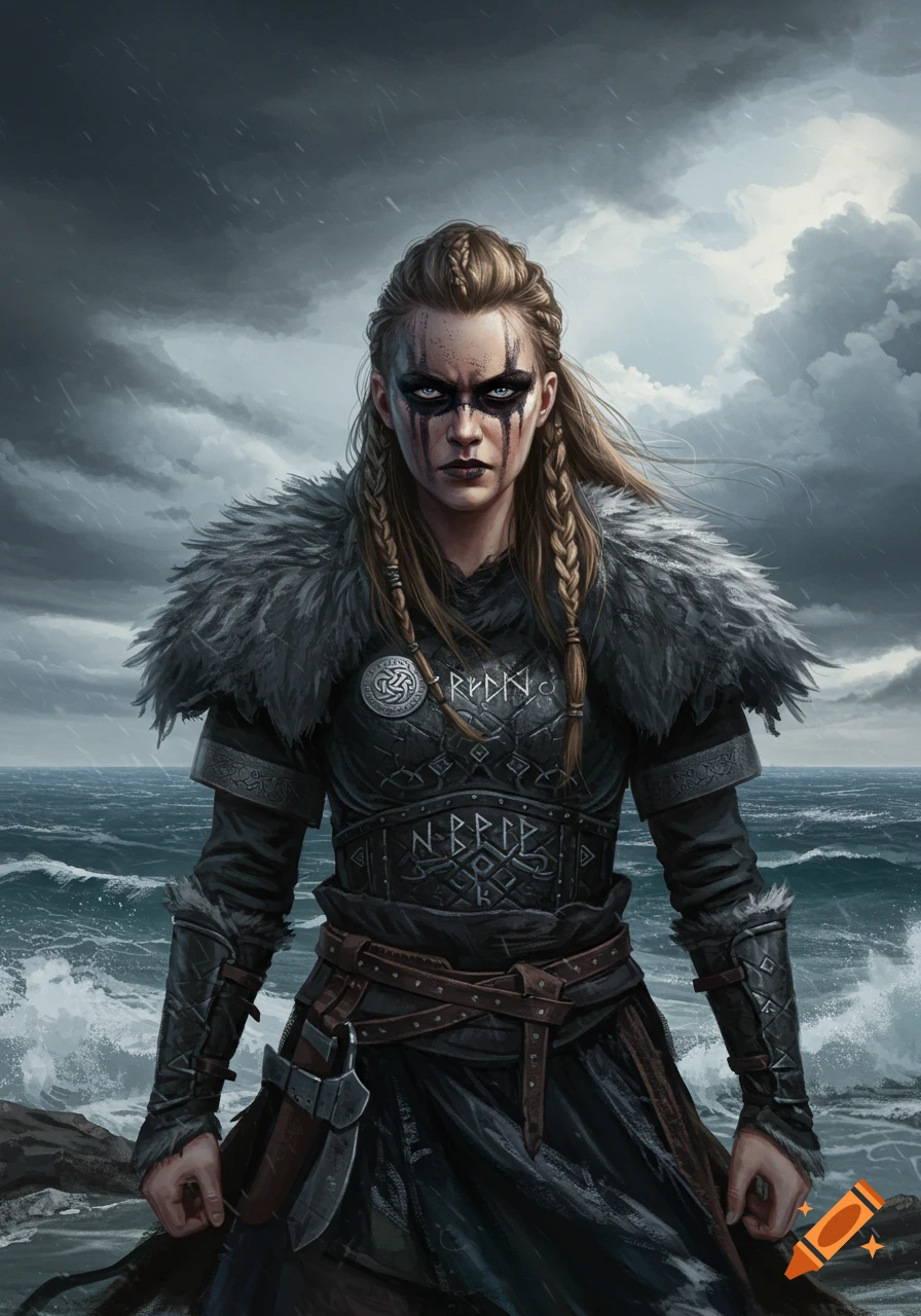 A fierce Viking warrior woman with dark war paint, braids, fur, and armor stands by a stormy sea.