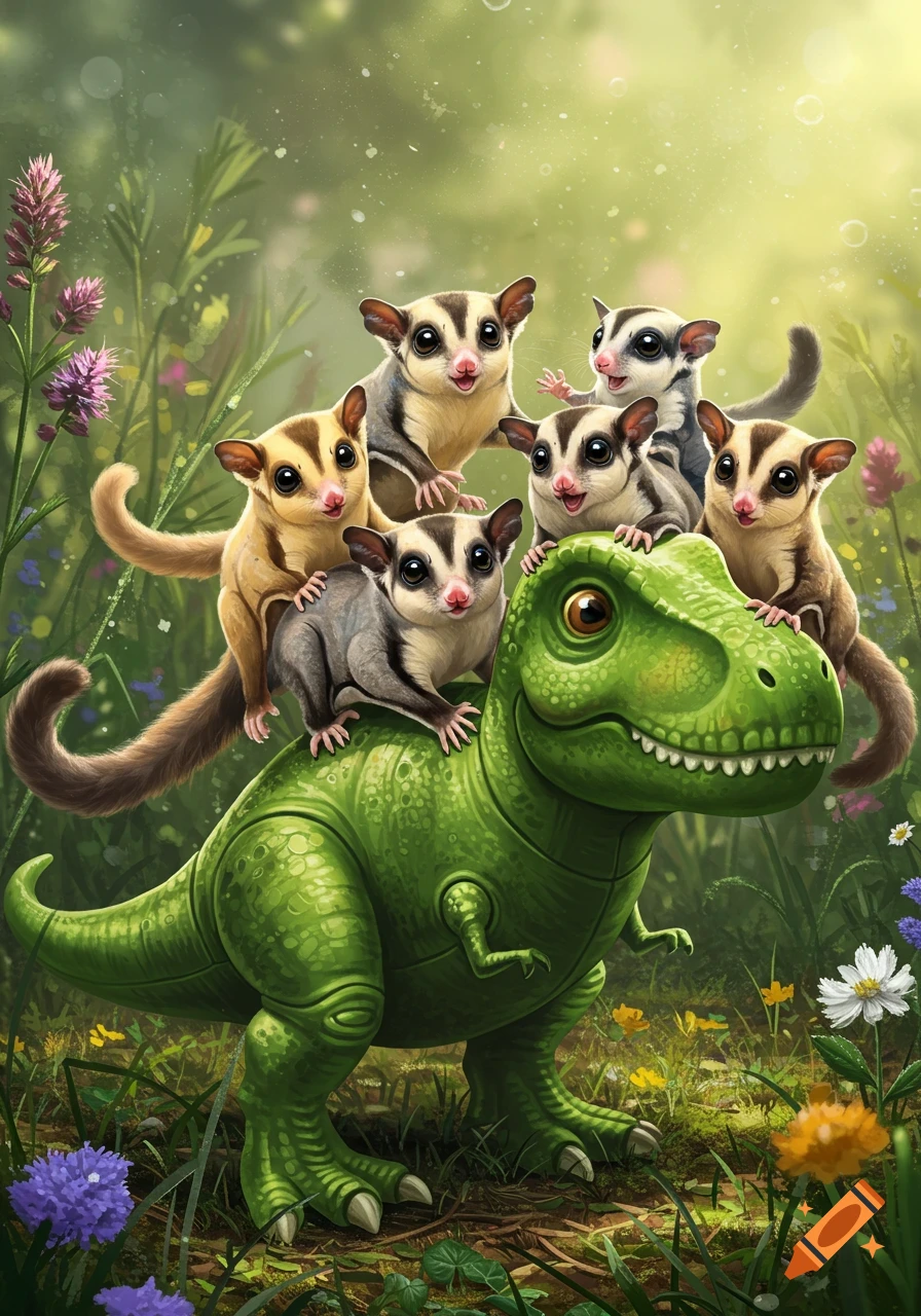 A group of six adorable sugar gliders playing on a green cartoon T-Rex toy in a lush, whimsical forest setting.