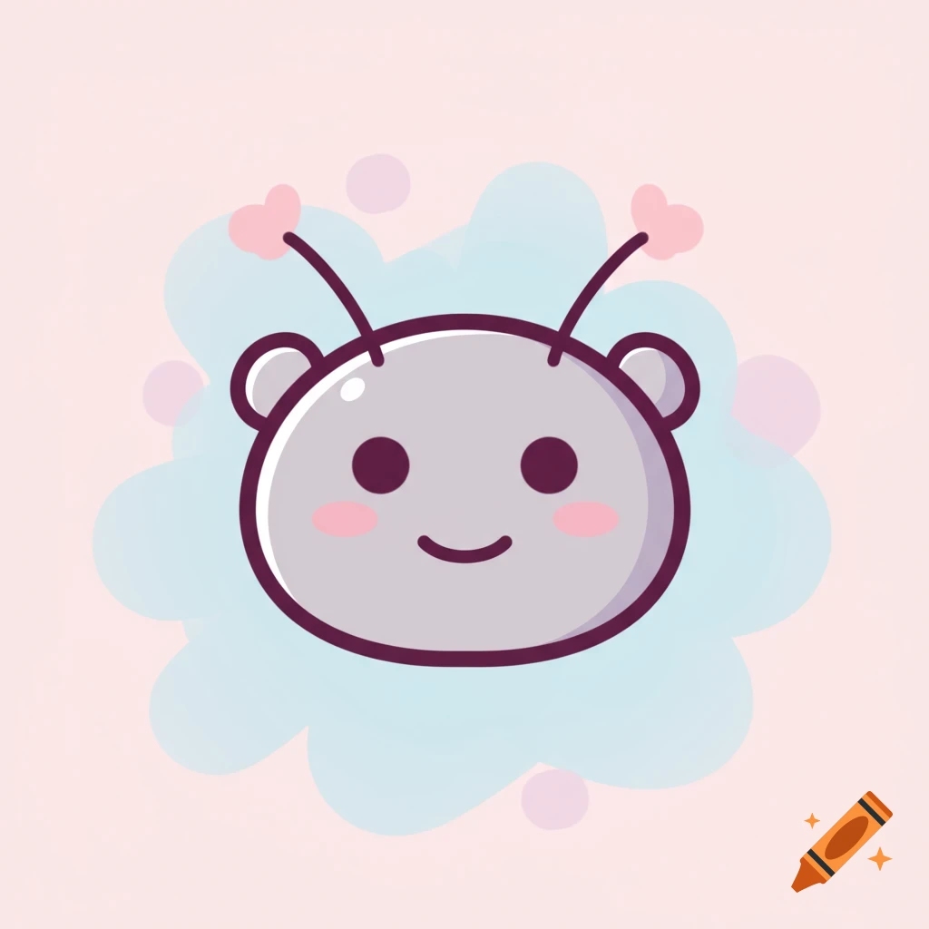A cute, cartoon-style character head resembling the Reddit Snoo, with pink hearts on its antennae and a light blue cloud background.