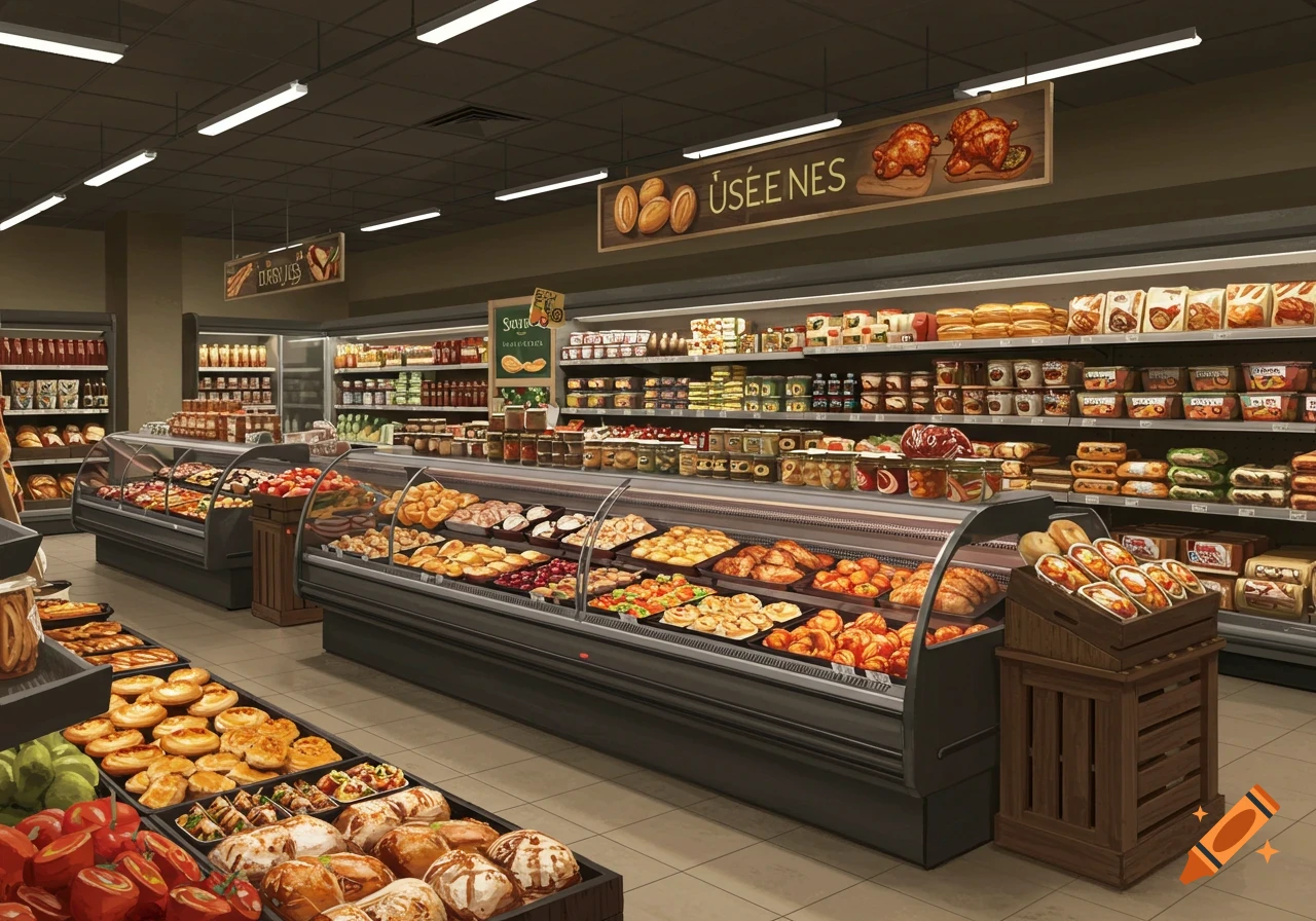 A detailed, well-lit interior of a supermarket aisle featuring various food displays, including baked goods, produce, and packaged items.