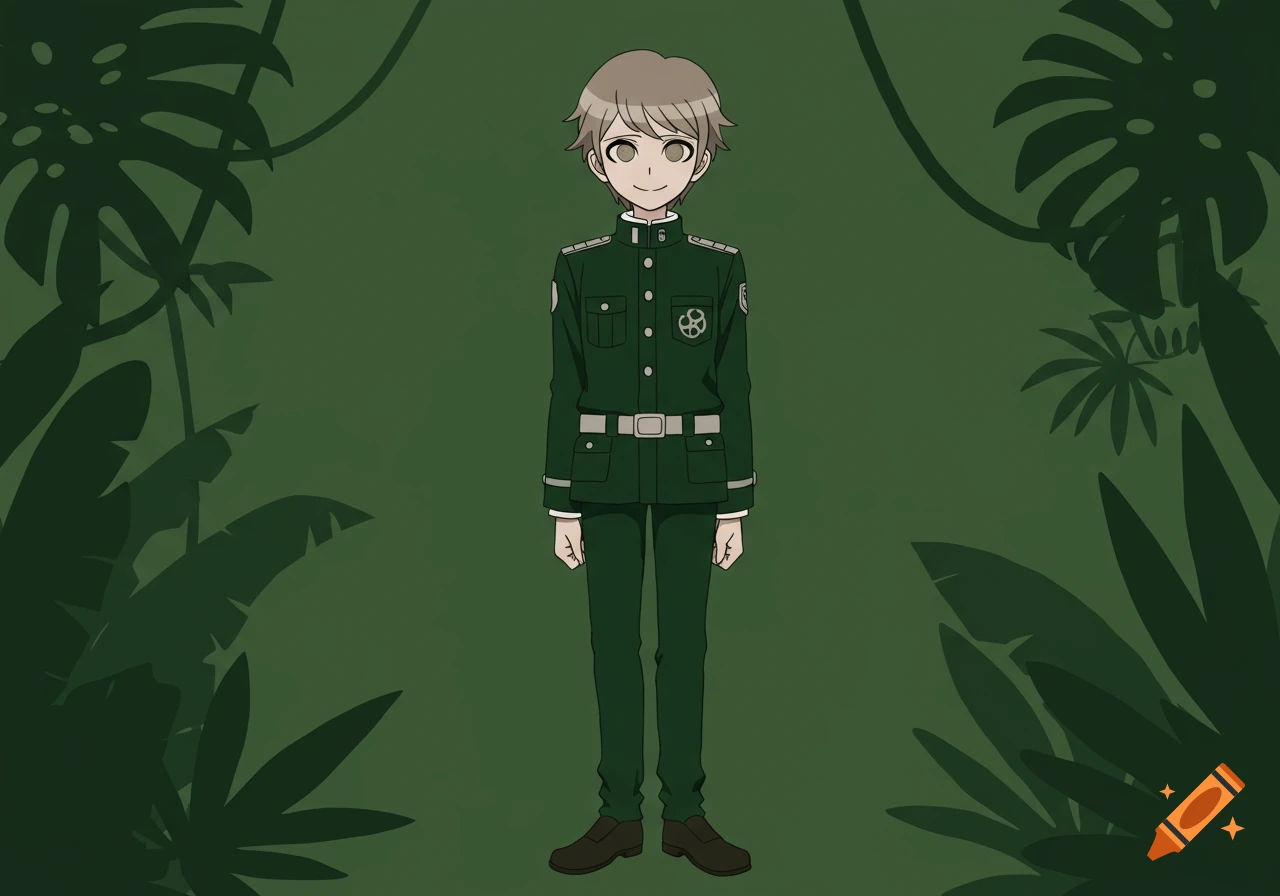 A full-body anime illustration of a boy with light brown hair in a dark green military uniform, standing against a dark green background with silhouettes of jungle leaves and vines.