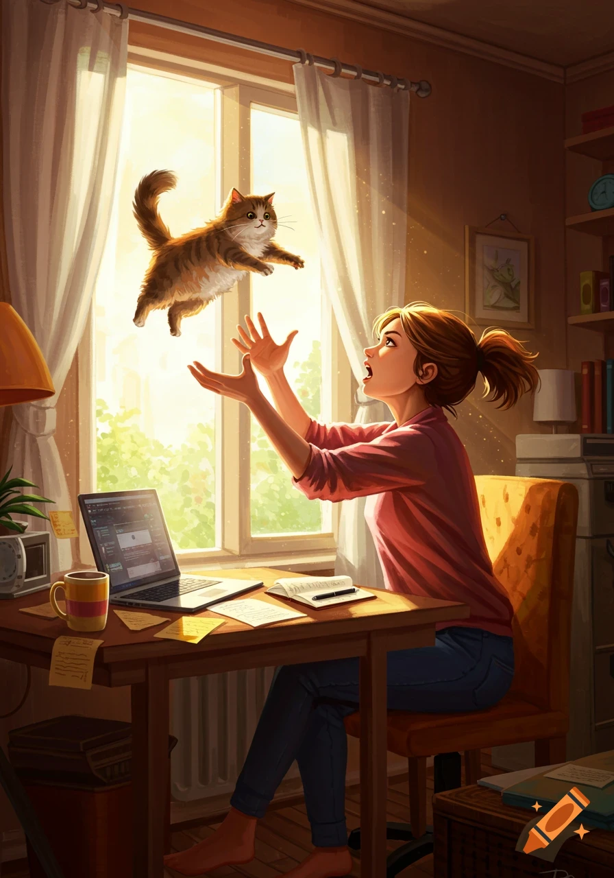 An illustrated scene of a woman at a desk in a sunlit room, looking up with surprise as an orange tabby cat floats above her outstretched hands.