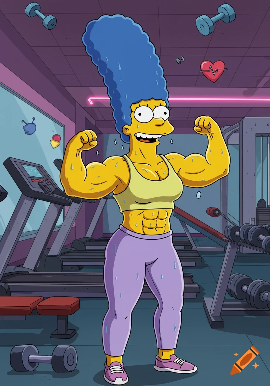 Marge Simpson from The Simpsons animated cartoon, muscular and flexing her biceps at a gym.