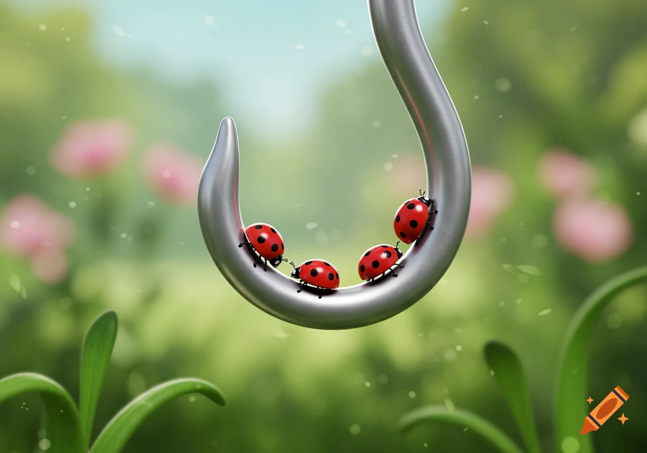 Four cartoon ladybugs crawl on a large silver fishing hook in a blurred green garden setting.