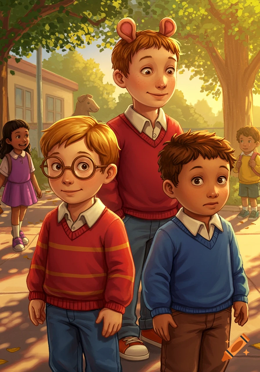 Illustration of human-like Arthur characters as children standing on a sunny street, one boy wearing mouse ears.
