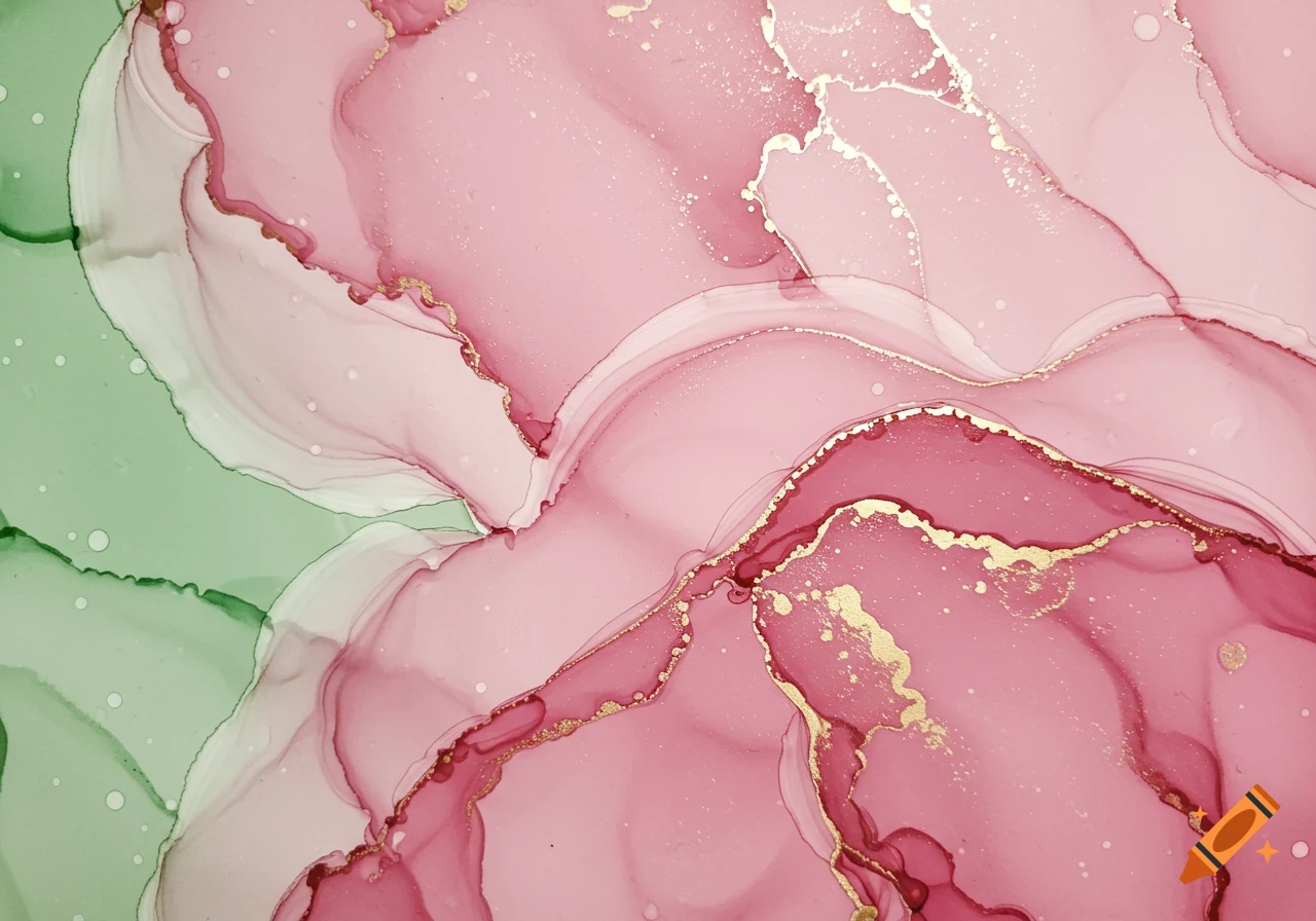 Abstract alcohol ink art featuring swirling pink and green forms with shimmering gold lines and splatters.